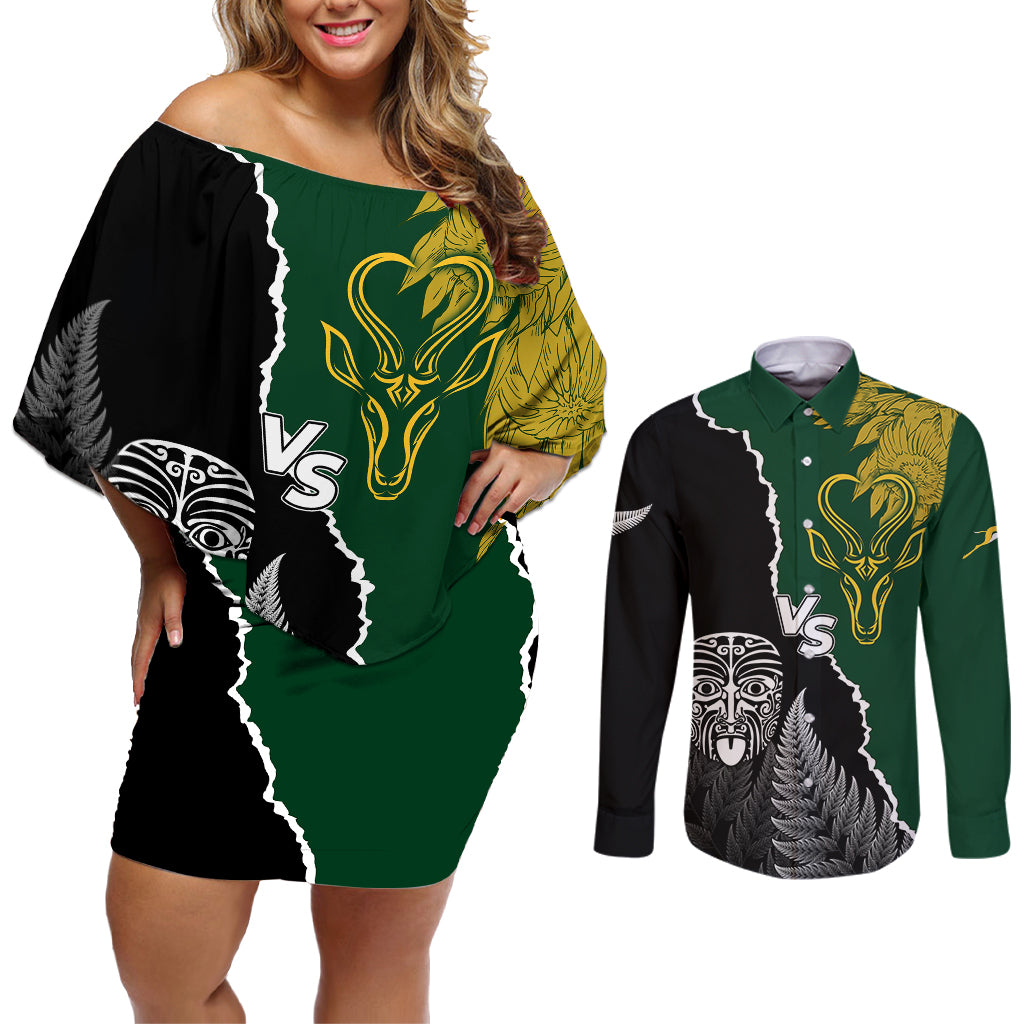 Personalised New Zealand Vs South Africa Rugby Couples Matching Off Shoulder Short Dress and Long Sleeve Button Shirts Rivals Dynamics LT7 - Wonder Print Shop