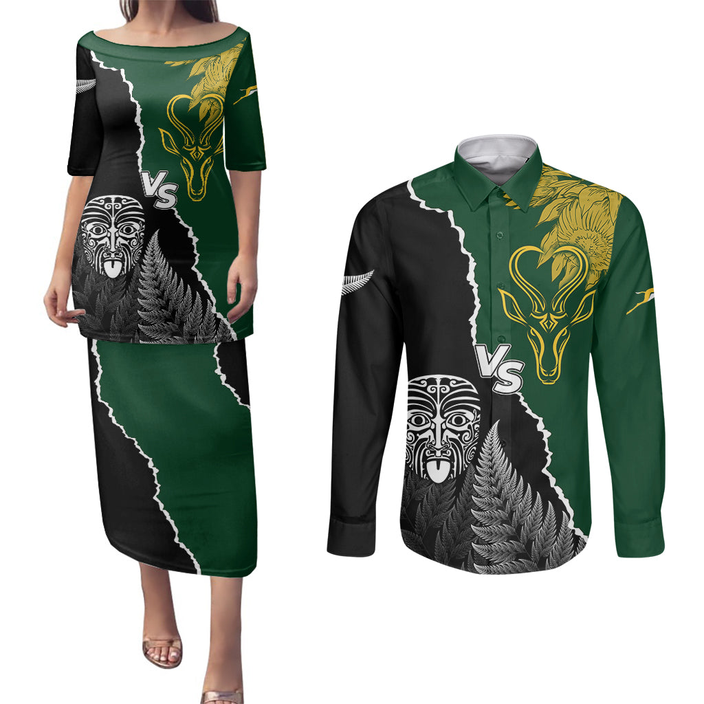 Personalised New Zealand Vs South Africa Rugby Couples Matching Puletasi Dress and Long Sleeve Button Shirts Rivals Dynamics LT7 - Wonder Print Shop