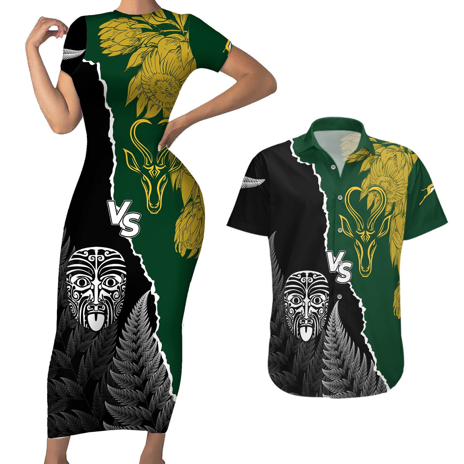 Personalised New Zealand Vs South Africa Rugby Couples Matching Short Sleeve Bodycon Dress and Hawaiian Shirt Rivals Dynamics LT7 - Wonder Print Shop