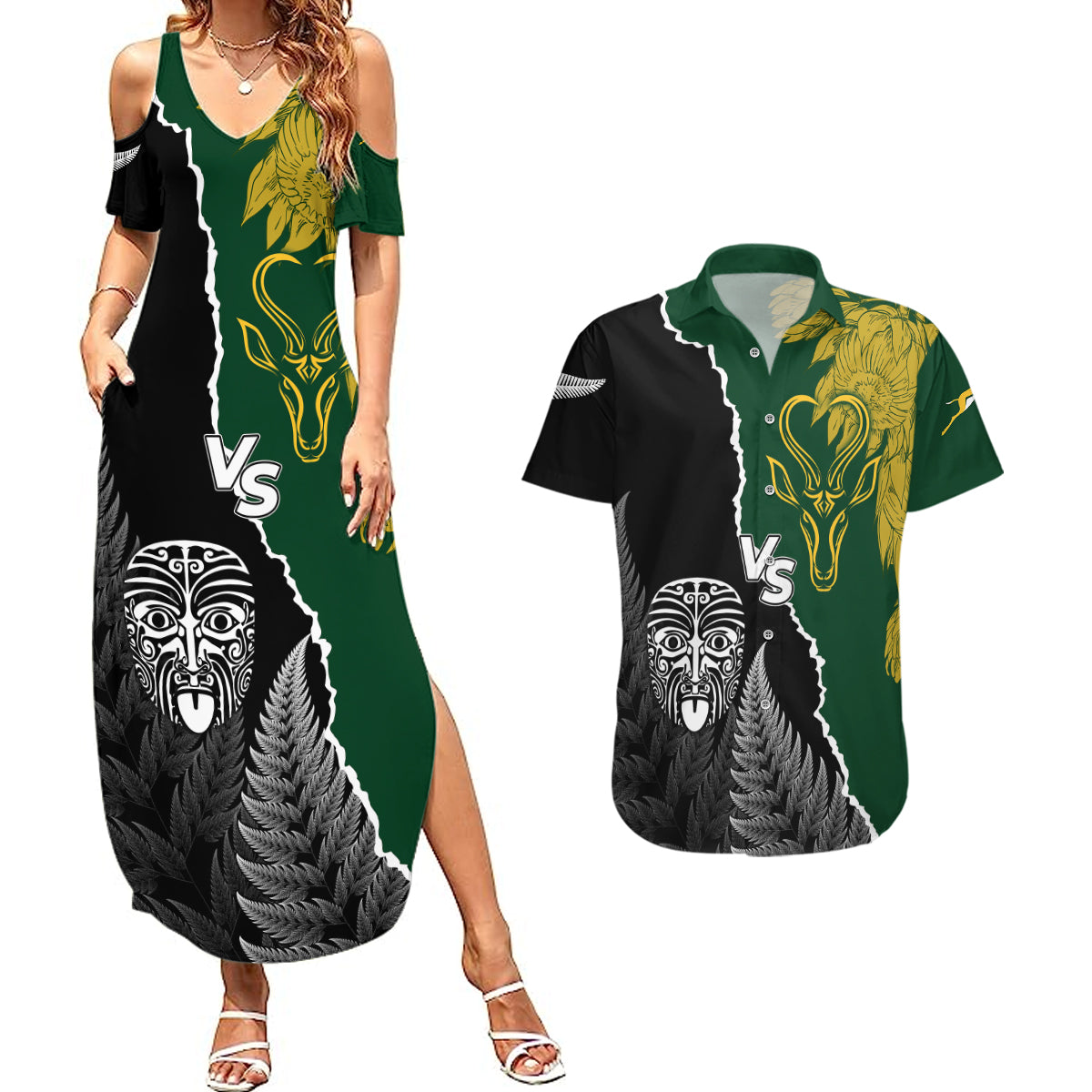 Personalised New Zealand Vs South Africa Rugby Couples Matching Summer Maxi Dress and Hawaiian Shirt Rivals Dynamics LT7 - Wonder Print Shop