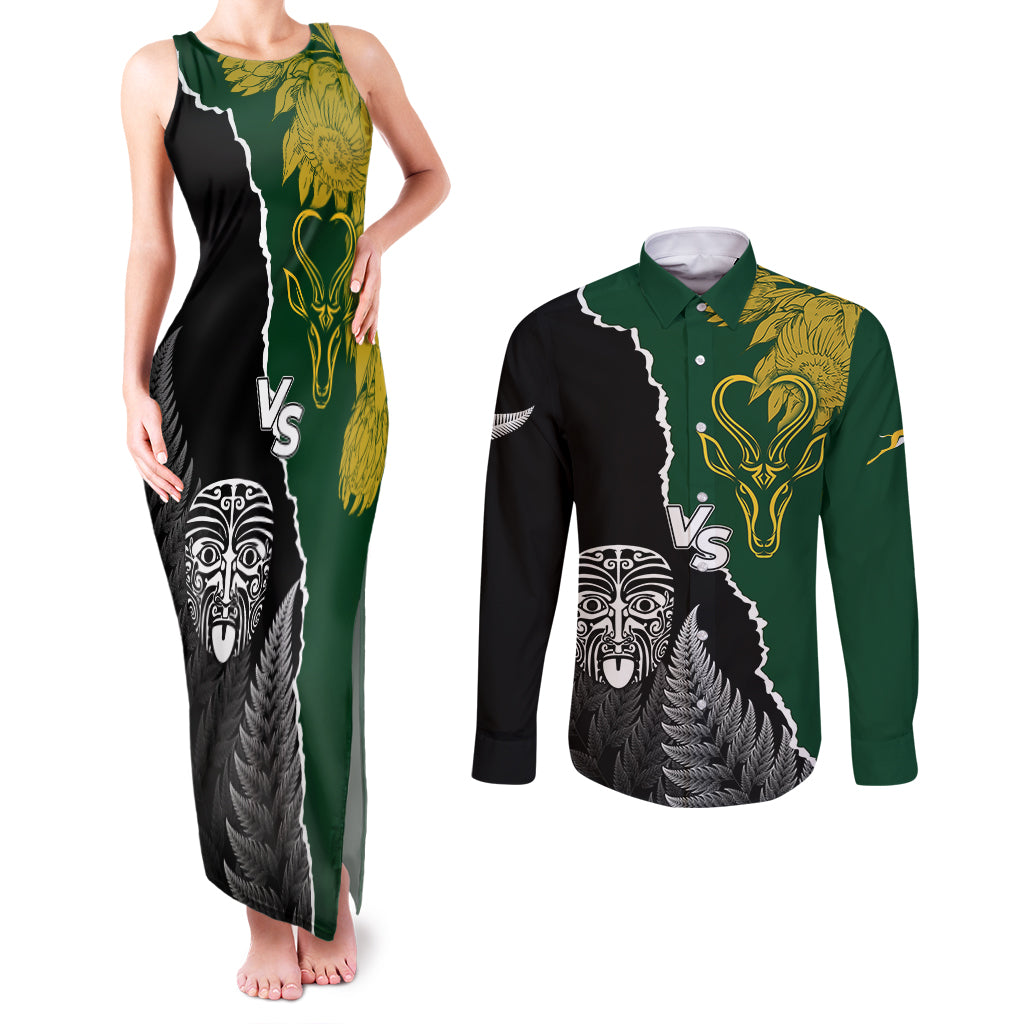 Personalised New Zealand Vs South Africa Rugby Couples Matching Tank Maxi Dress and Long Sleeve Button Shirts Rivals Dynamics LT7 - Wonder Print Shop