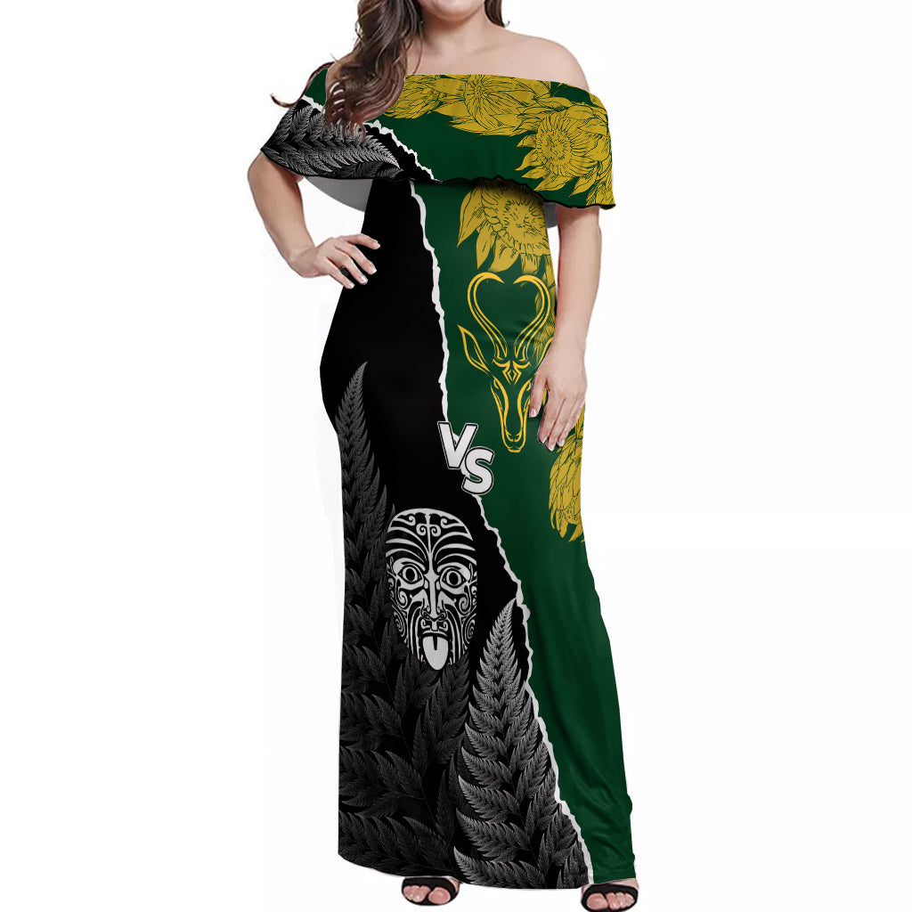 Personalised New Zealand Vs South Africa Rugby Off Shoulder Maxi Dress Rivals Dynamics - Wonder Print Shop