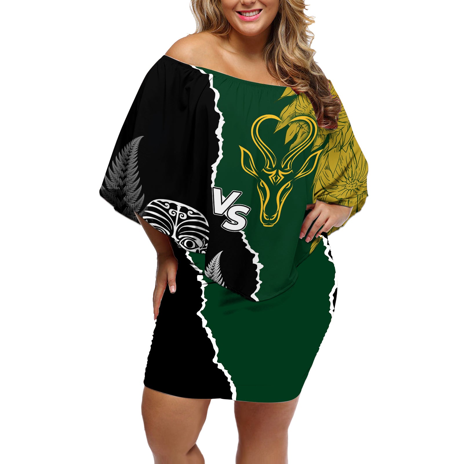 Personalised New Zealand Vs South Africa Rugby Off Shoulder Short Dress Rivals Dynamics - Wonder Print Shop