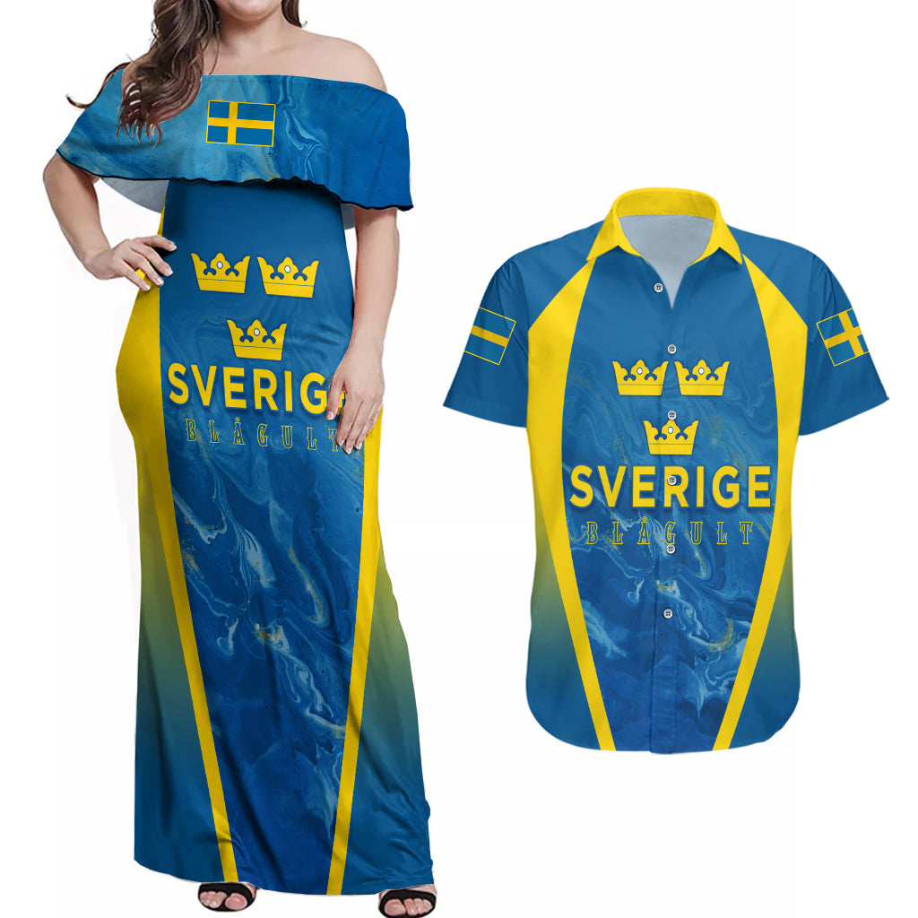 Personalised Sweden Football Couples Matching Off Shoulder Maxi Dress and Hawaiian Shirt Women World Cup 2023 Blagult Glacial Inspired LT7 - Wonder Print Shop