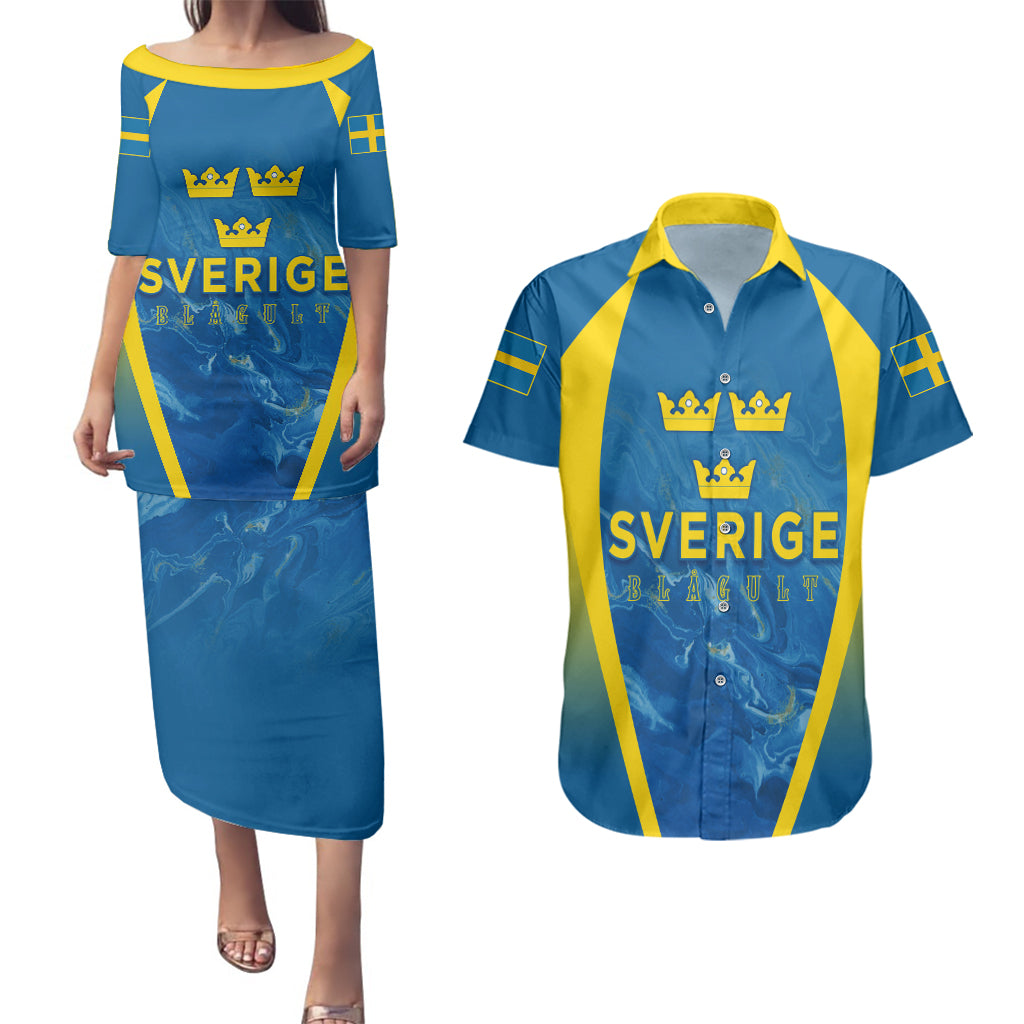 Personalised Sweden Football Couples Matching Puletasi Dress and Hawaiian Shirt Women World Cup 2023 Blagult Glacial Inspired LT7 - Wonder Print Shop