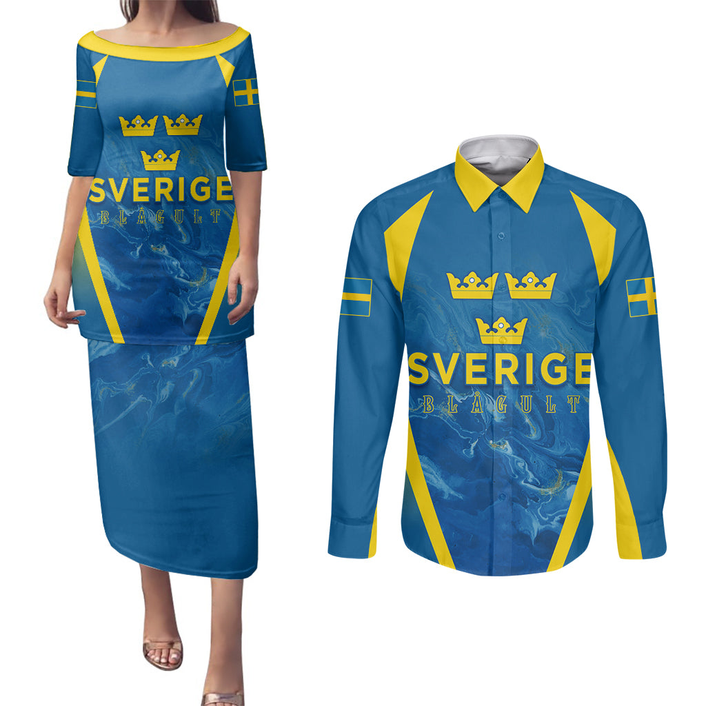 Personalised Sweden Football Couples Matching Puletasi Dress and Long Sleeve Button Shirts Women World Cup 2023 Blagult Glacial Inspired LT7 - Wonder Print Shop