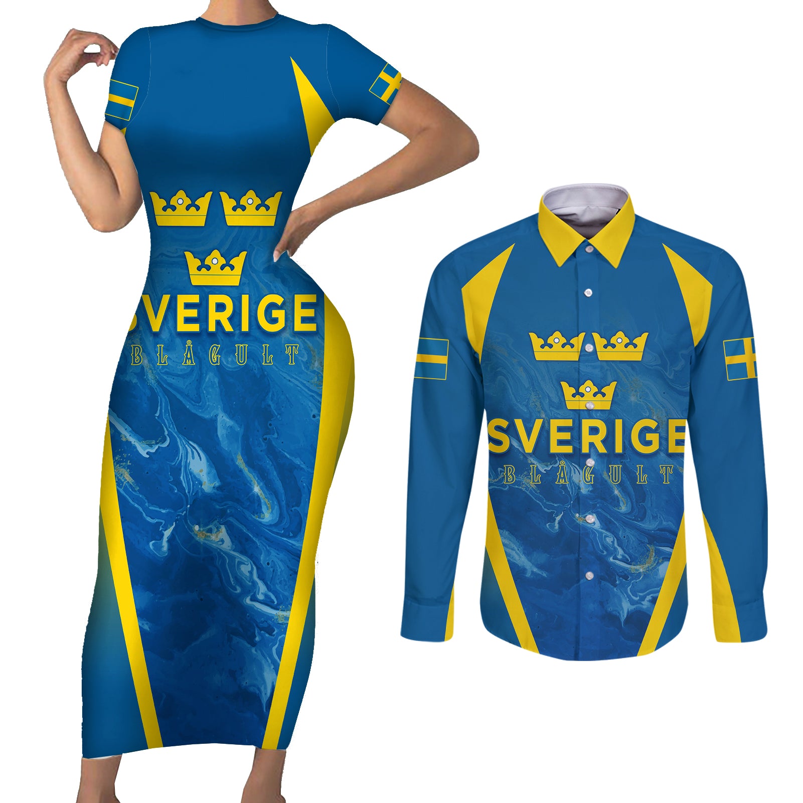 Personalised Sweden Football Couples Matching Short Sleeve Bodycon Dress and Long Sleeve Button Shirts Women World Cup 2023 Blagult Glacial Inspired LT7 - Wonder Print Shop