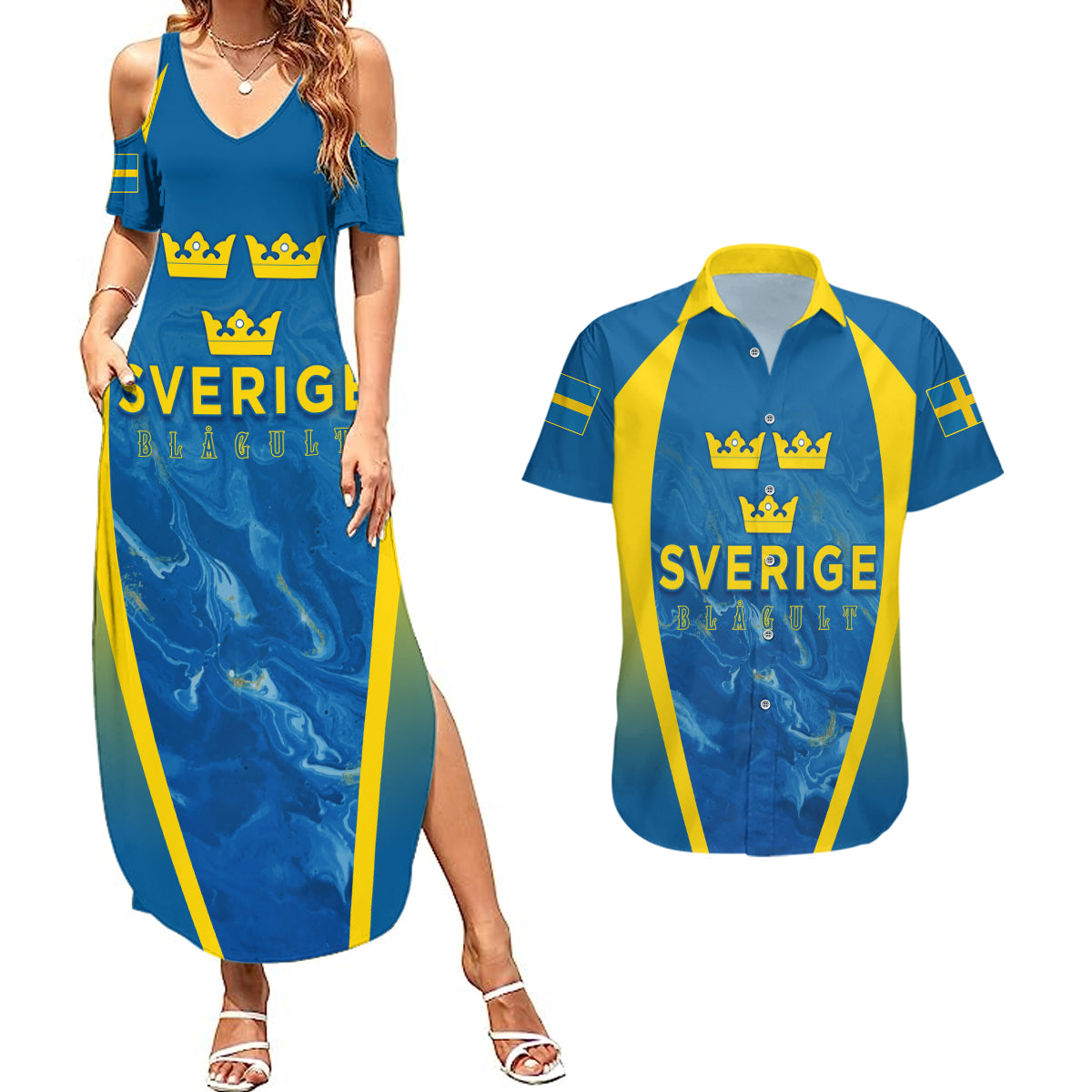 Personalised Sweden Football Couples Matching Summer Maxi Dress and Hawaiian Shirt Women World Cup 2023 Blagult Glacial Inspired LT7 - Wonder Print Shop