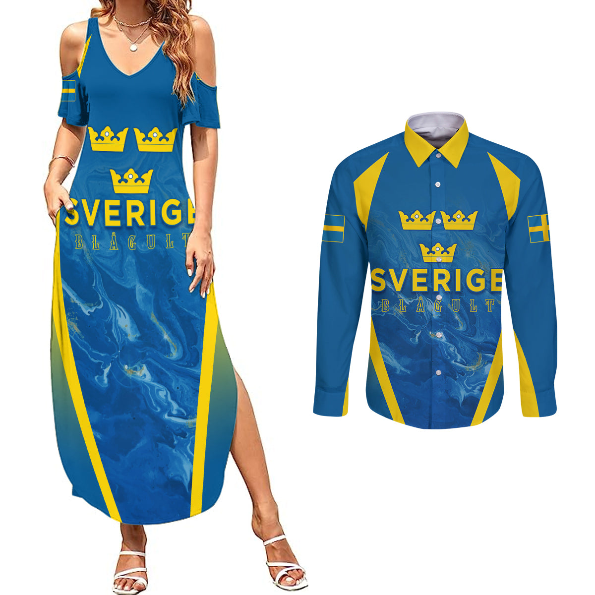 Personalised Sweden Football Couples Matching Summer Maxi Dress and Long Sleeve Button Shirts Women World Cup 2023 Blagult Glacial Inspired LT7 - Wonder Print Shop