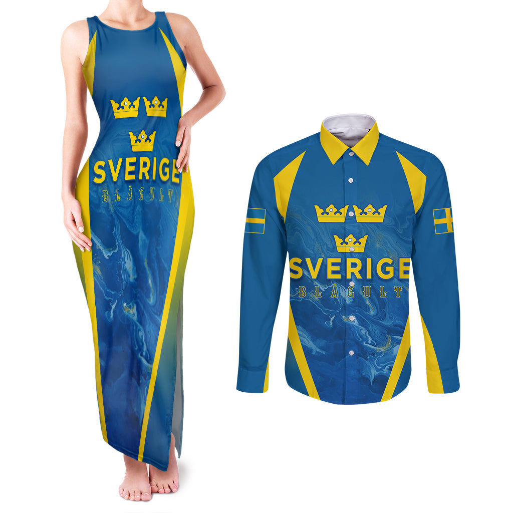 Personalised Sweden Football Couples Matching Tank Maxi Dress and Long Sleeve Button Shirts Women World Cup 2023 Blagult Glacial Inspired LT7 - Wonder Print Shop