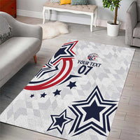 White custom area rug with large navy star and red stripe emblem, Your Text On