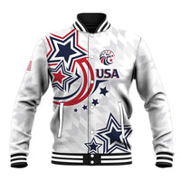 White baseball jacket with USA graphics, striped ribbed collar and cuffs