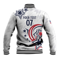 White baseball jacket back with 'YOUR TEXT 07' star-spangled graphics, ribbed hem