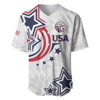 White custom baseball jersey with USA crest, stars, and button front