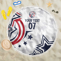 Round beach blanket, white with USA flag graphics, stars, 'YOUR TEXT 07' and fringe edge.
