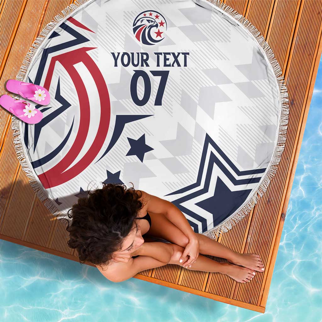 Round beach blanket with fringe edge, USA red-white-blue designs and 'YOUR TEXT 07'.
