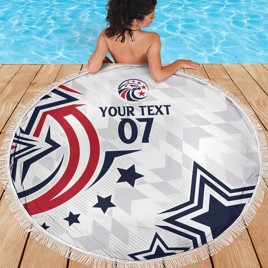 Round beach blanket with fringe border showing 'YOUR TEXT 07' and navy star pattern.