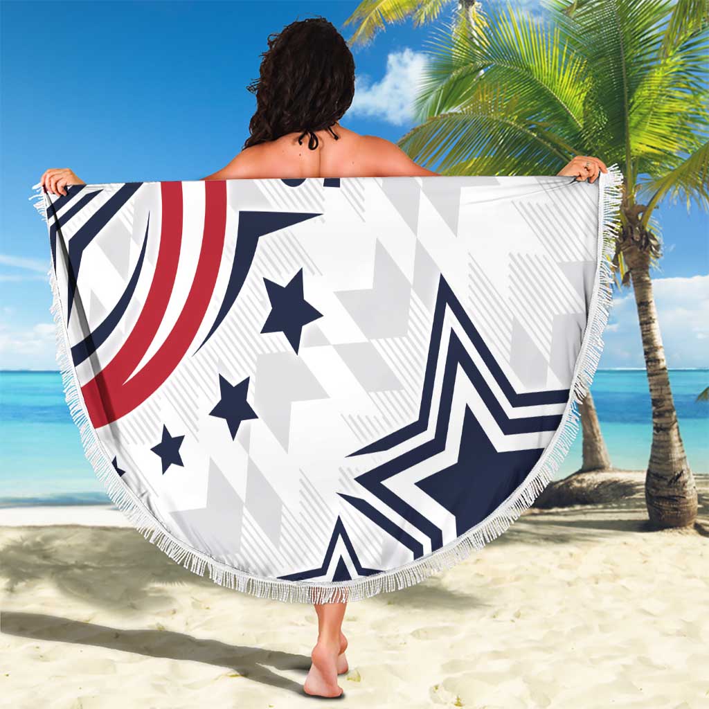 Round beach blanket held up, white with patriotic stars, stripes and 'YOUR TEXT 07'.