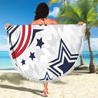 Round beach blanket held up, white with patriotic stars, stripes and 'YOUR TEXT 07'.