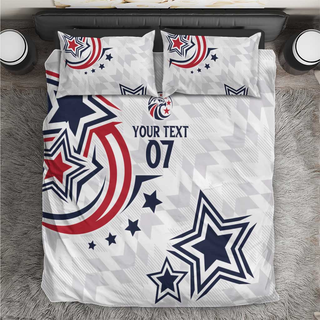 White rugby-themed bedding set with stars, red/blue swirls, and text “YOUR TEXT 07”, two pillows