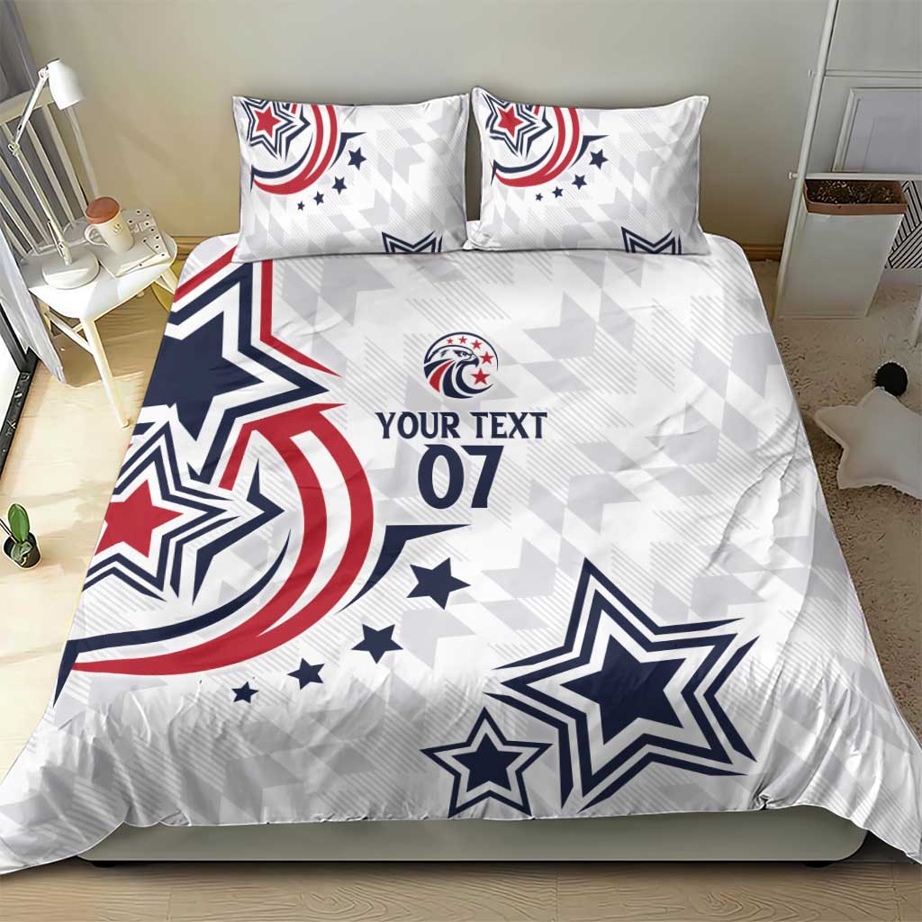 White bedding set with star and swirl print, “YOUR TEXT 07” text, and two coordinating pillowcases