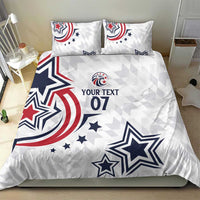 White bedding set with star and swirl print, “YOUR TEXT 07” text, and two coordinating pillowcases