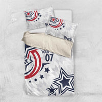 White bedding set flat lay with “YOUR TEXT 07” and star graphics, plus two pillowcases