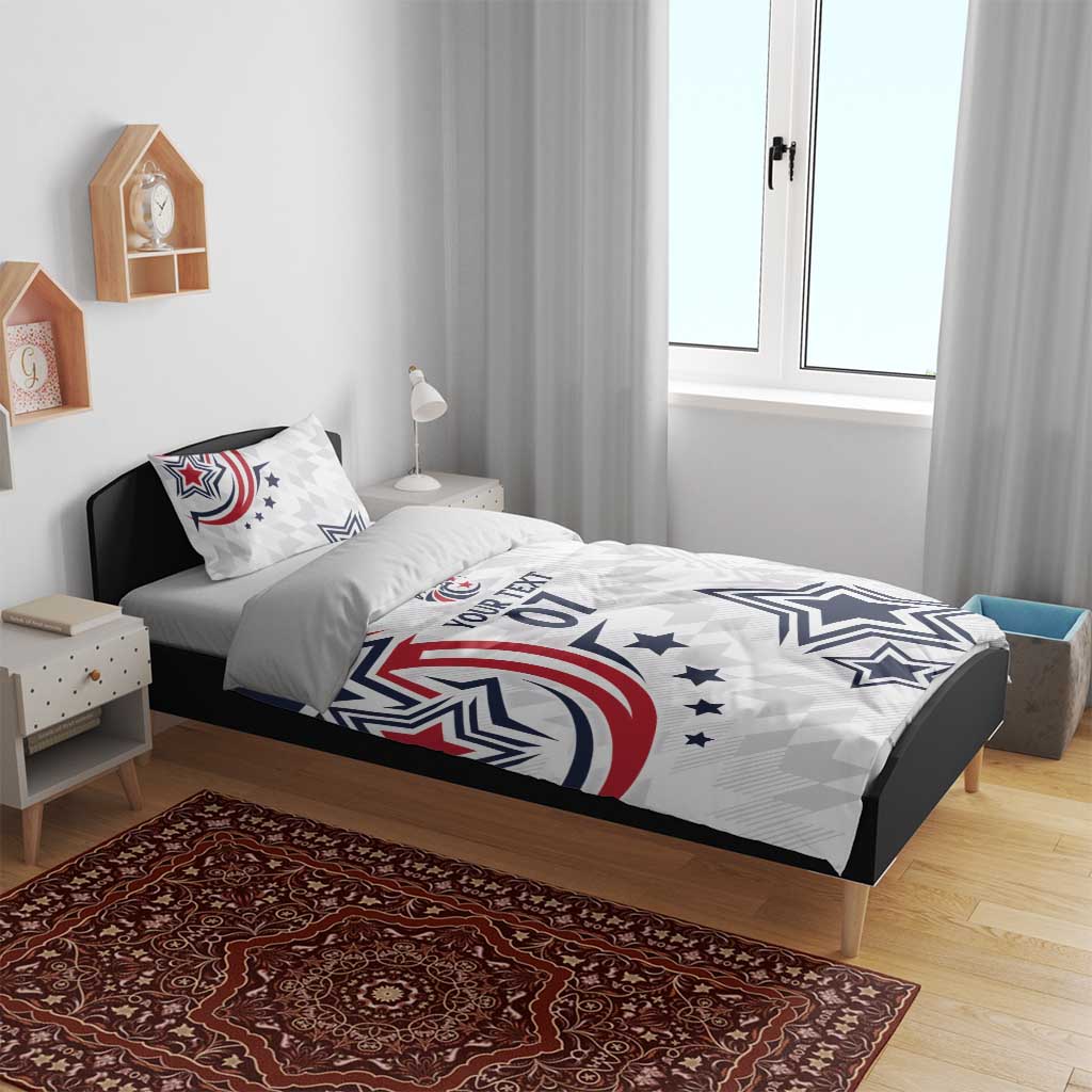White rugby bedding set showing star and swirl design with “YOUR TEXT 07”, two pillows