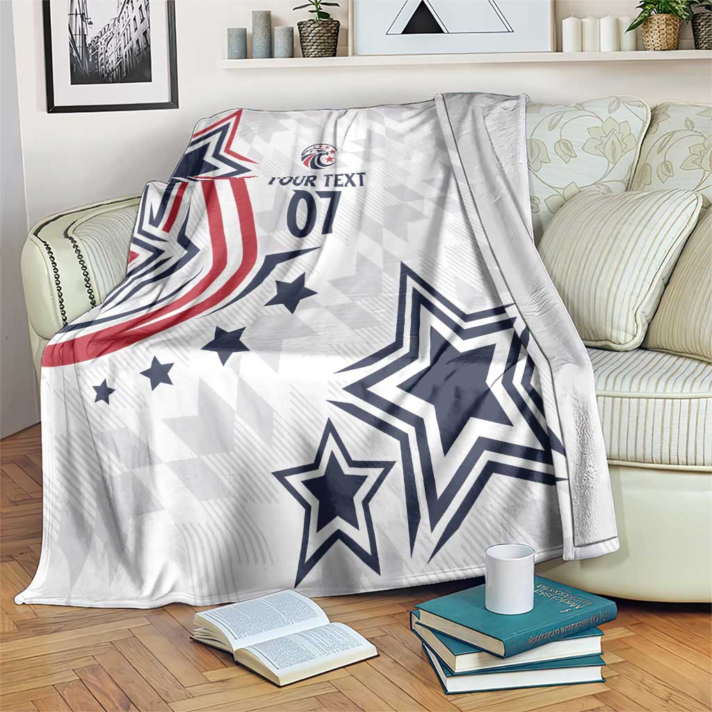 White custom sports blanket with stars, stripes, and “YOUR TEXT 07” design