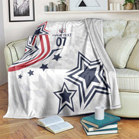 White custom sports blanket with stars, stripes, and “YOUR TEXT 07” design