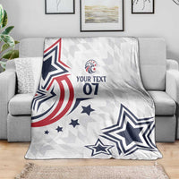 White custom blanket with large star motifs and “YOUR TEXT 07” text center