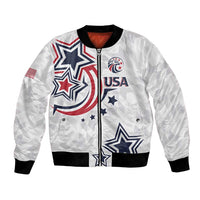 White bomber jacket with full zip, black ribbed trim; USA text and star with flag-style art