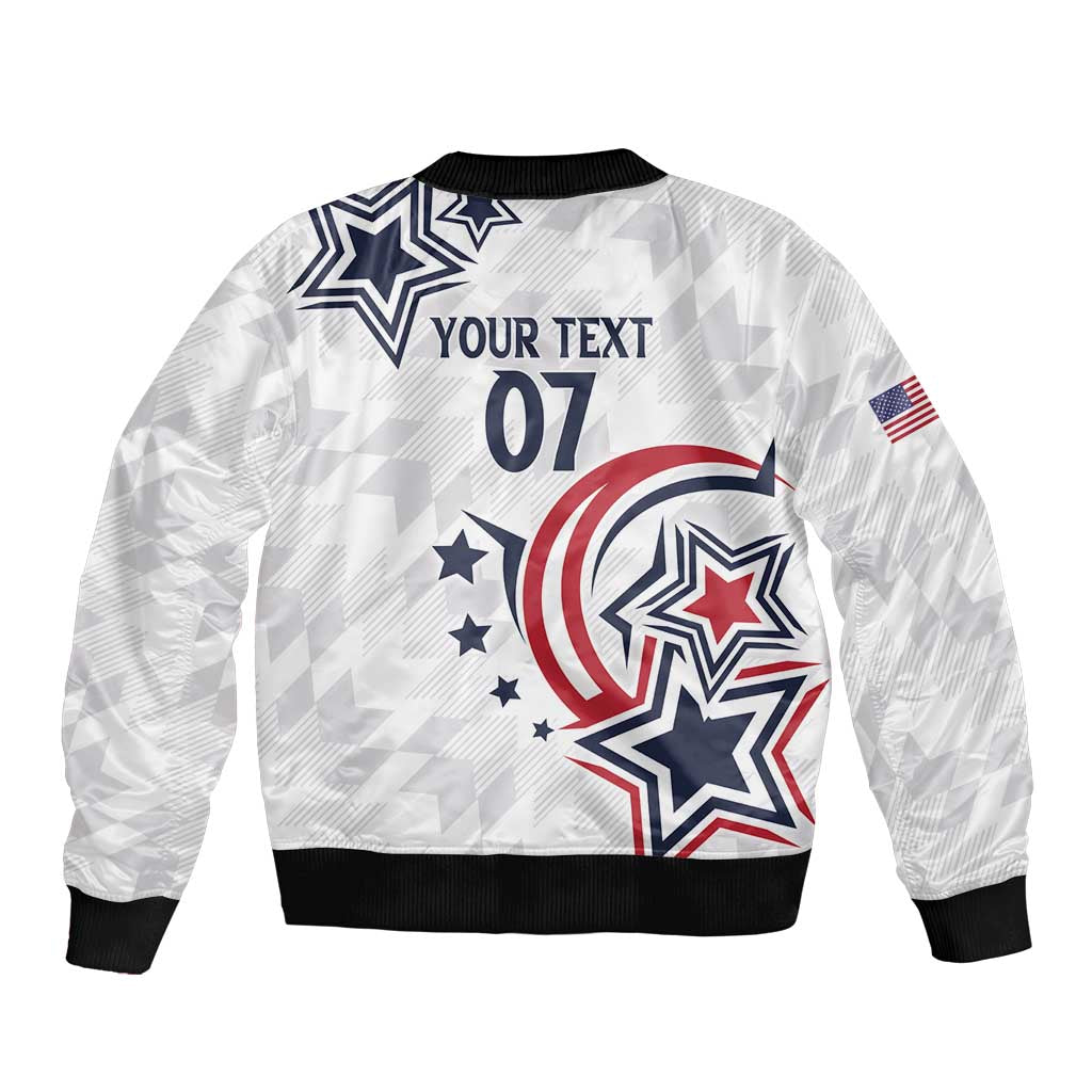 White bomber jacket, black ribbed trim; star USA graphic with YOUR TEXT and 07