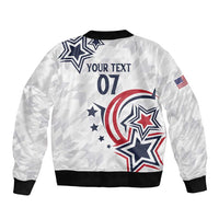 White bomber jacket, black ribbed trim; star USA graphic with YOUR TEXT and 07