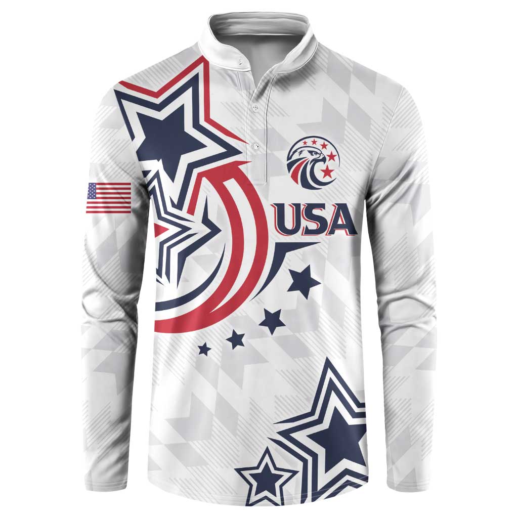 White USA rugby button sweatshirt front view with USA logo and star patterns