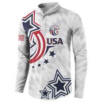 White USA rugby button sweatshirt angled front with USA crest and star graphics