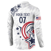 White USA rugby button sweatshirt back with YOUR TEXT 07 and star-and-shield print