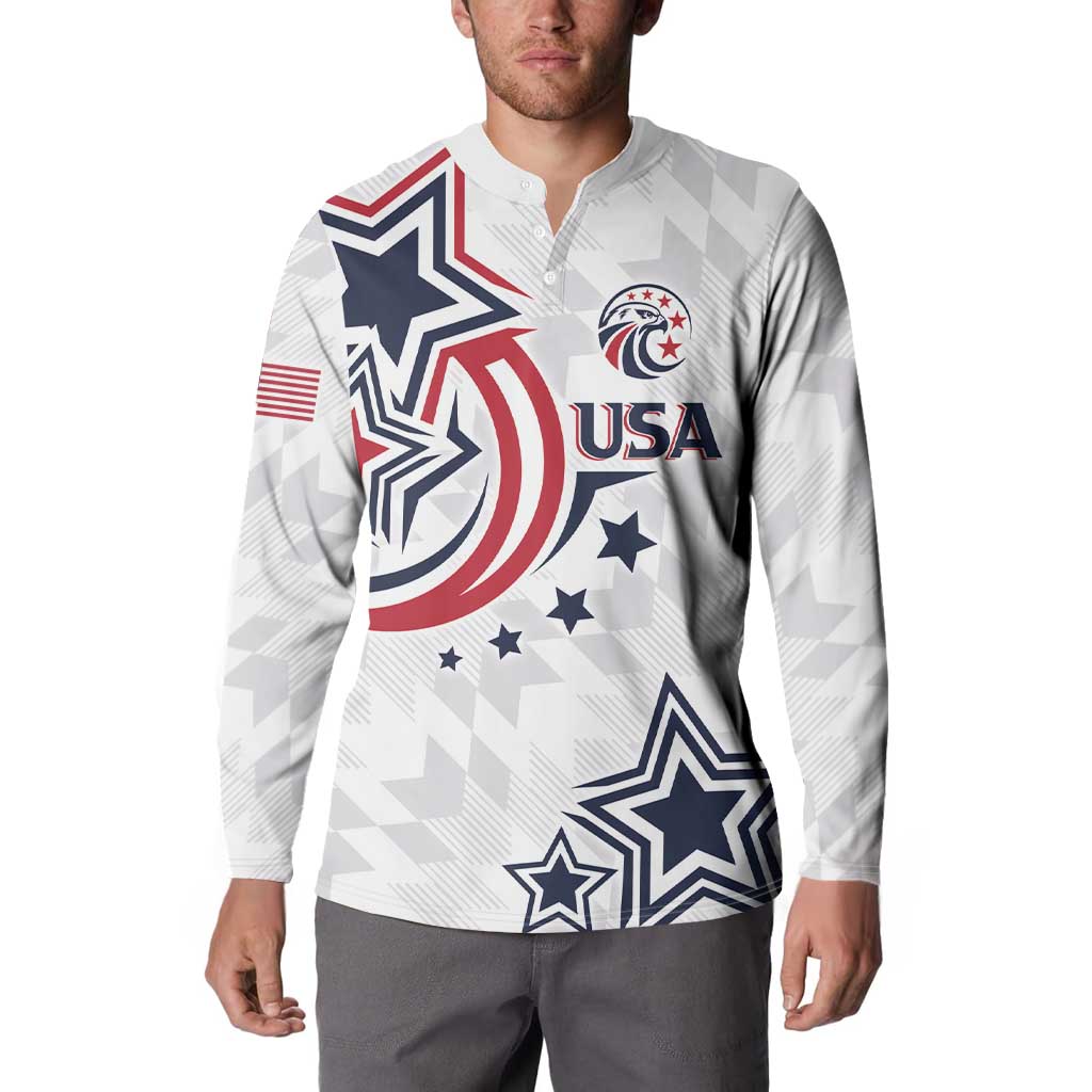 White USA rugby button sweatshirt with USA crest, stars, and striped graphic