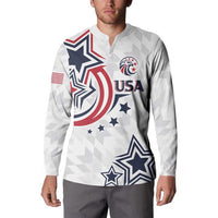 White USA rugby button sweatshirt with USA crest, stars, and striped graphic