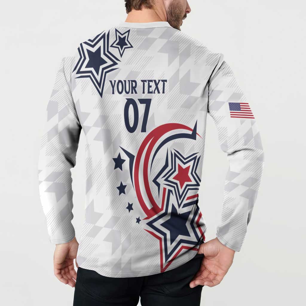 White USA rugby button sweatshirt back view with YOUR TEXT 07 and large star design