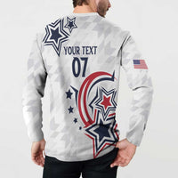 White USA rugby button sweatshirt back view with YOUR TEXT 07 and large star design