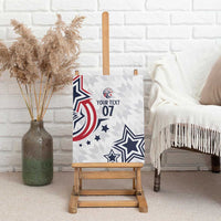 Canvas wall art on a wooden easel with patriotic stars and 'YOUR TEXT 07' on white