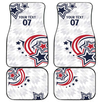 Set of four white car floor mats with star-and-crest graphics and 'YOUR TEXT 07'