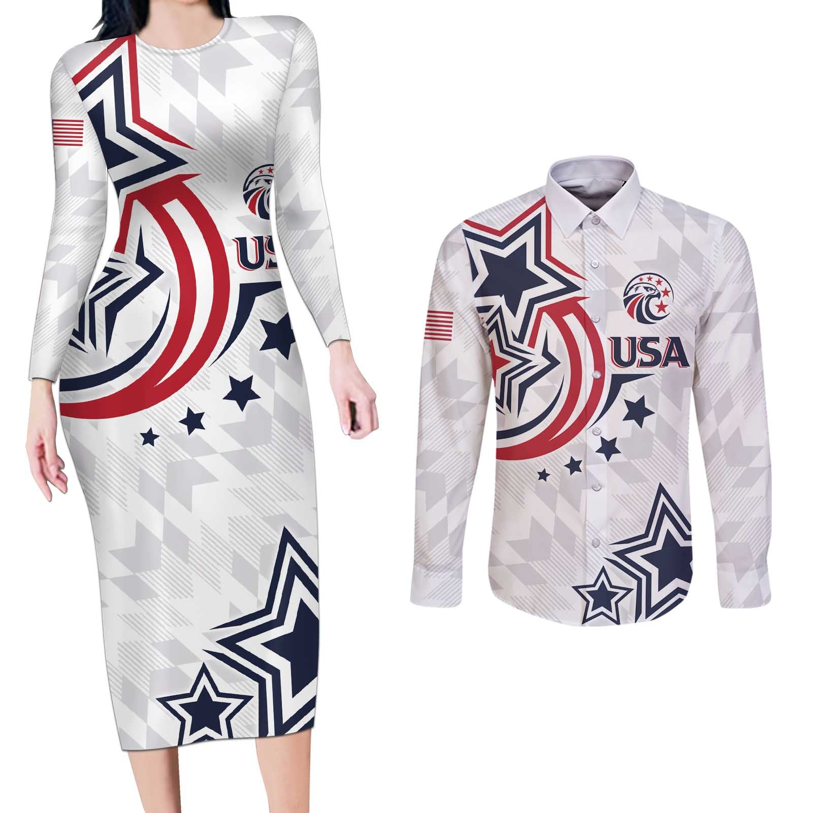 USA Rugby 2024 Custom Couples Matching Long Sleeve Bodycon Dress and Long Sleeve Button Shirt GO Eagles Assemble LT7 - Wonder Print Shop