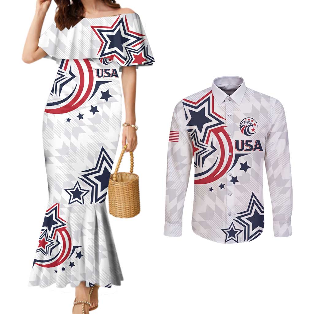 USA Rugby 2024 Custom Couples Matching Mermaid Dress and Long Sleeve Button Shirt GO Eagles Assemble