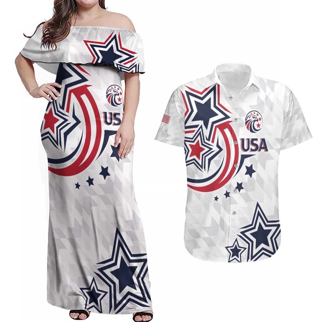 USA Rugby 2024 Custom Couples Matching Off Shoulder Maxi Dress and Hawaiian Shirt GO Eagles Assemble LT7 - Wonder Print Shop