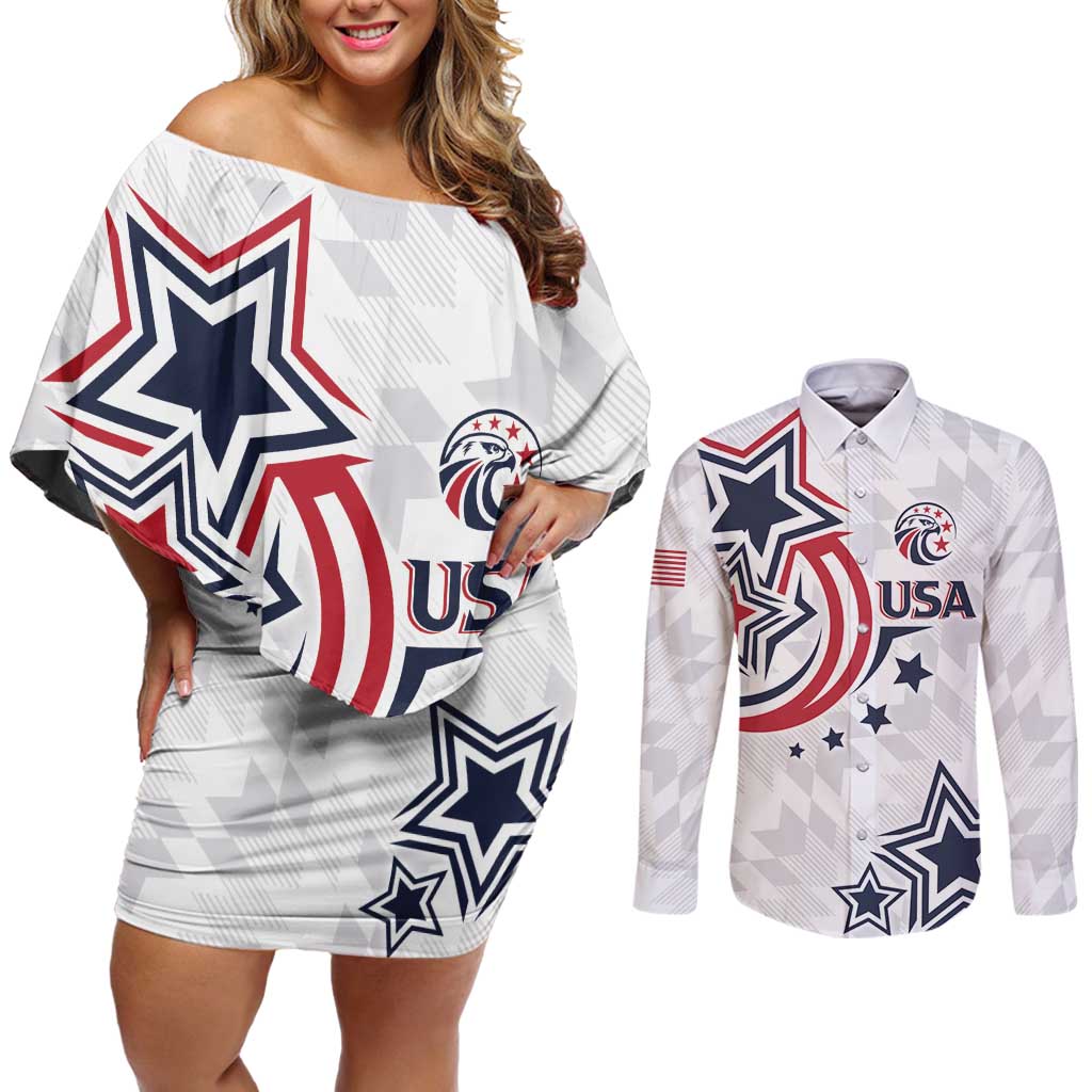 USA Rugby 2024 Custom Couples Matching Off Shoulder Short Dress and Long Sleeve Button Shirt GO Eagles Assemble LT7 - Wonder Print Shop