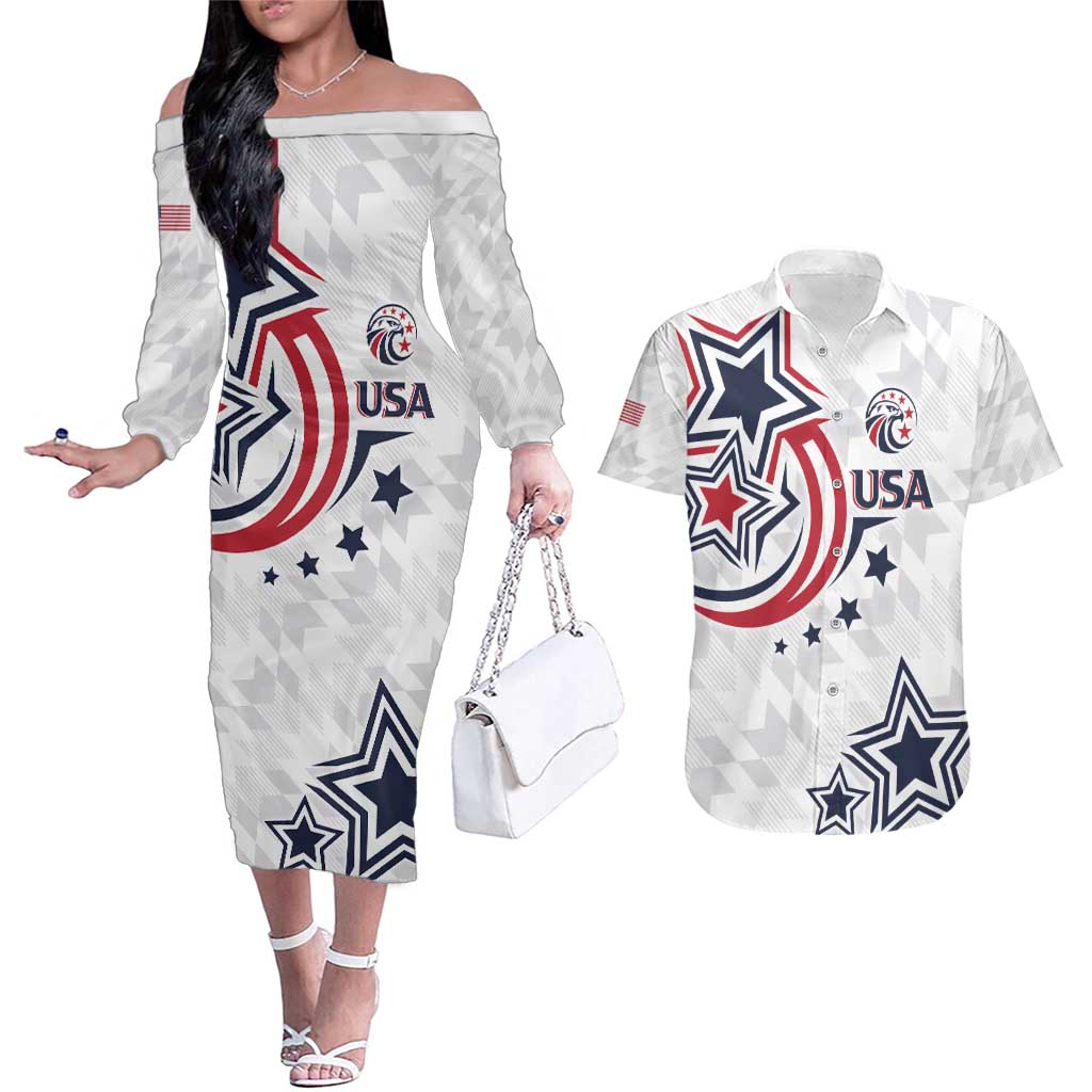 USA Rugby 2024 Custom Couples Matching Off The Shoulder Long Sleeve Dress and Hawaiian Shirt GO Eagles Assemble LT7 - Wonder Print Shop