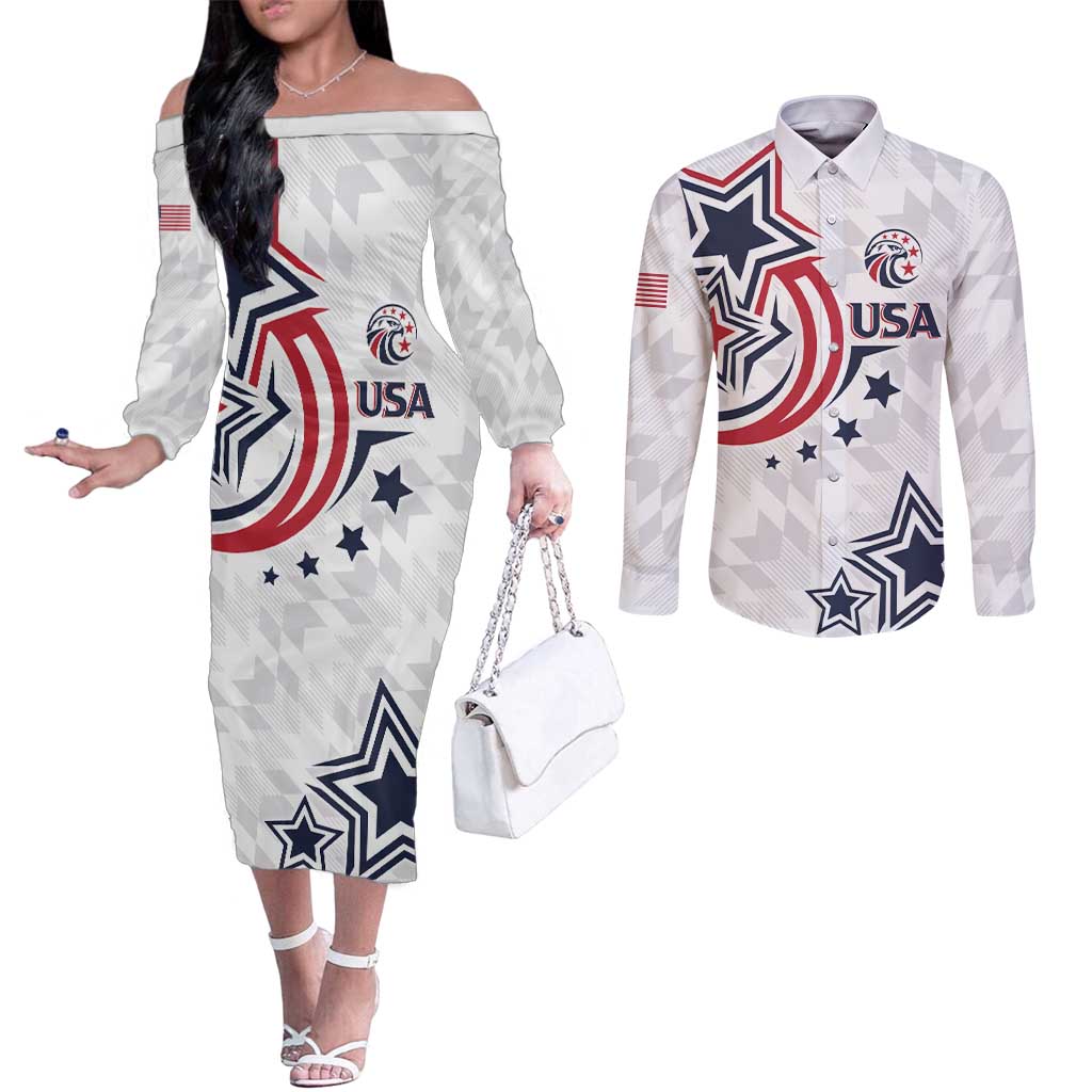 USA Rugby 2024 Custom Couples Matching Off The Shoulder Long Sleeve Dress and Long Sleeve Button Shirt GO Eagles Assemble