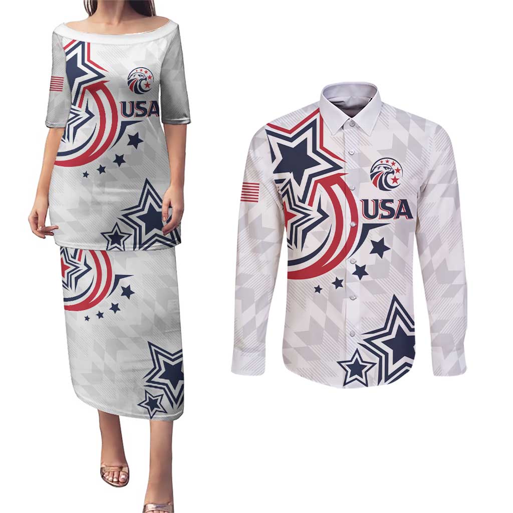 USA Rugby 2024 Custom Couples Matching Puletasi and Long Sleeve Button Shirt GO Eagles Assemble LT7 - Wonder Print Shop